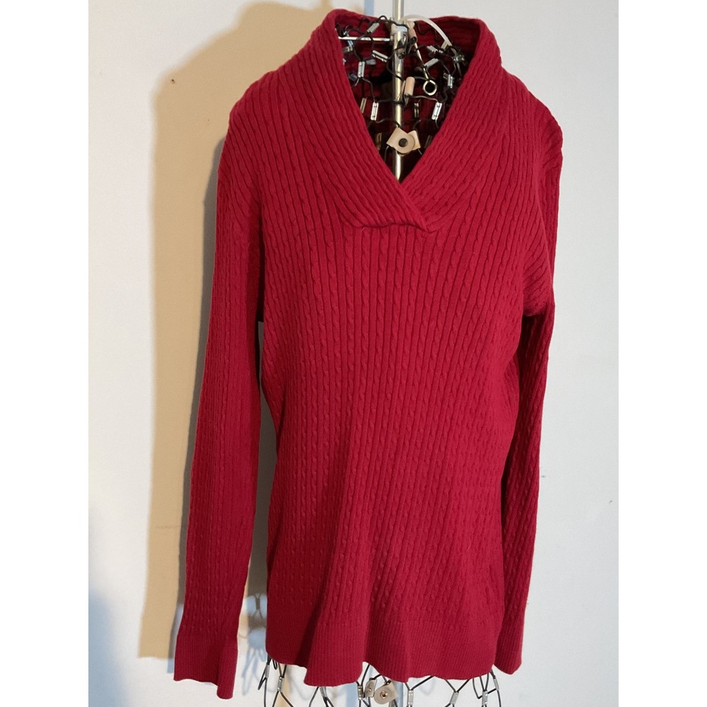 Jeanne Pierre Red Cable Knit Cotton Sweater Shawl V-Neck‎ Pullover Womens